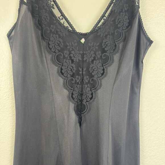 Vintage 1960s JCPenney Fantasia Satin Lace Midi Slip Dress Chemise Black 38 M - Picture 6 of 15
